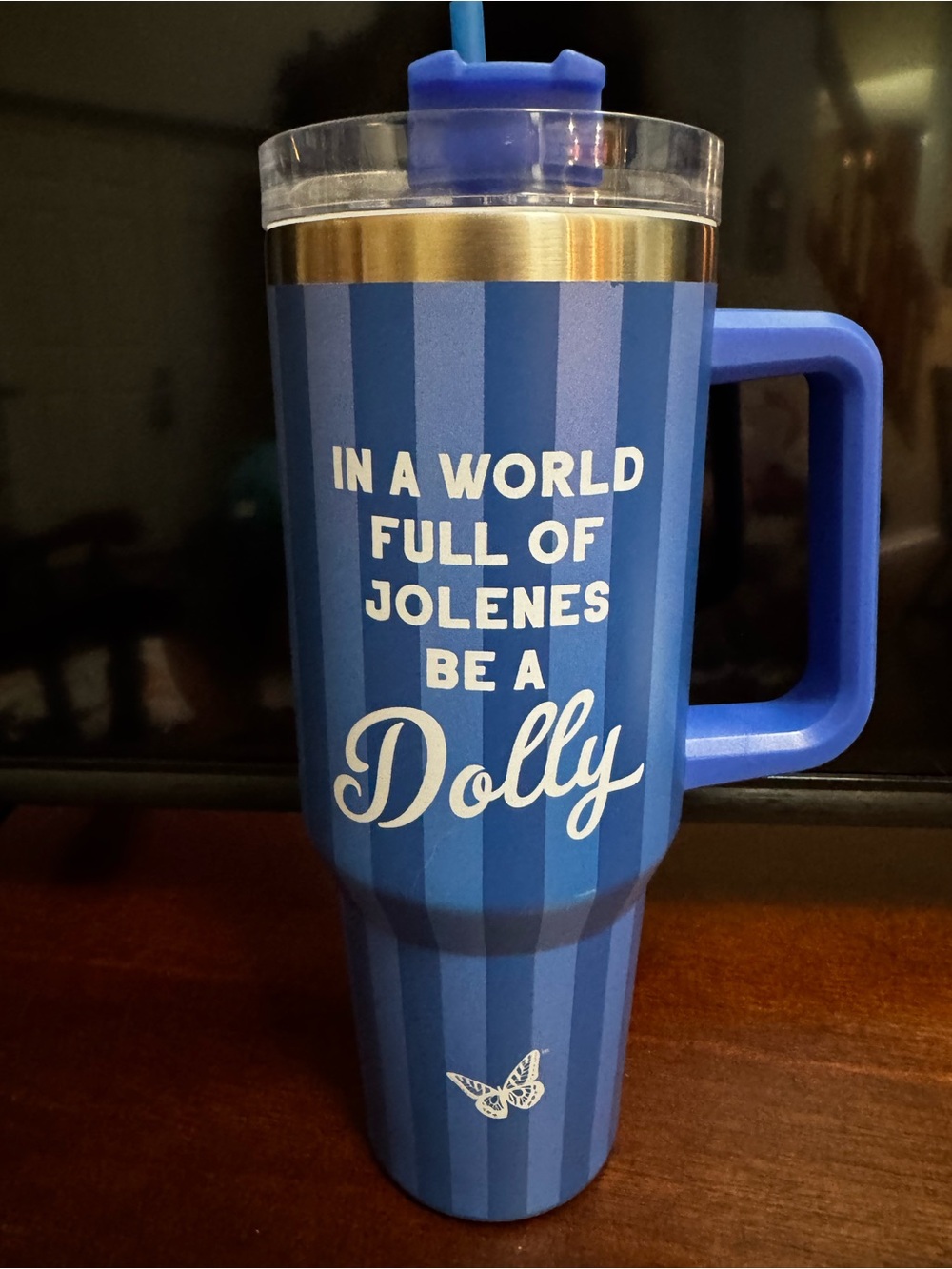 Blue Striped Insulated Travel Mug with Handle - Inspirational Dolly Quote